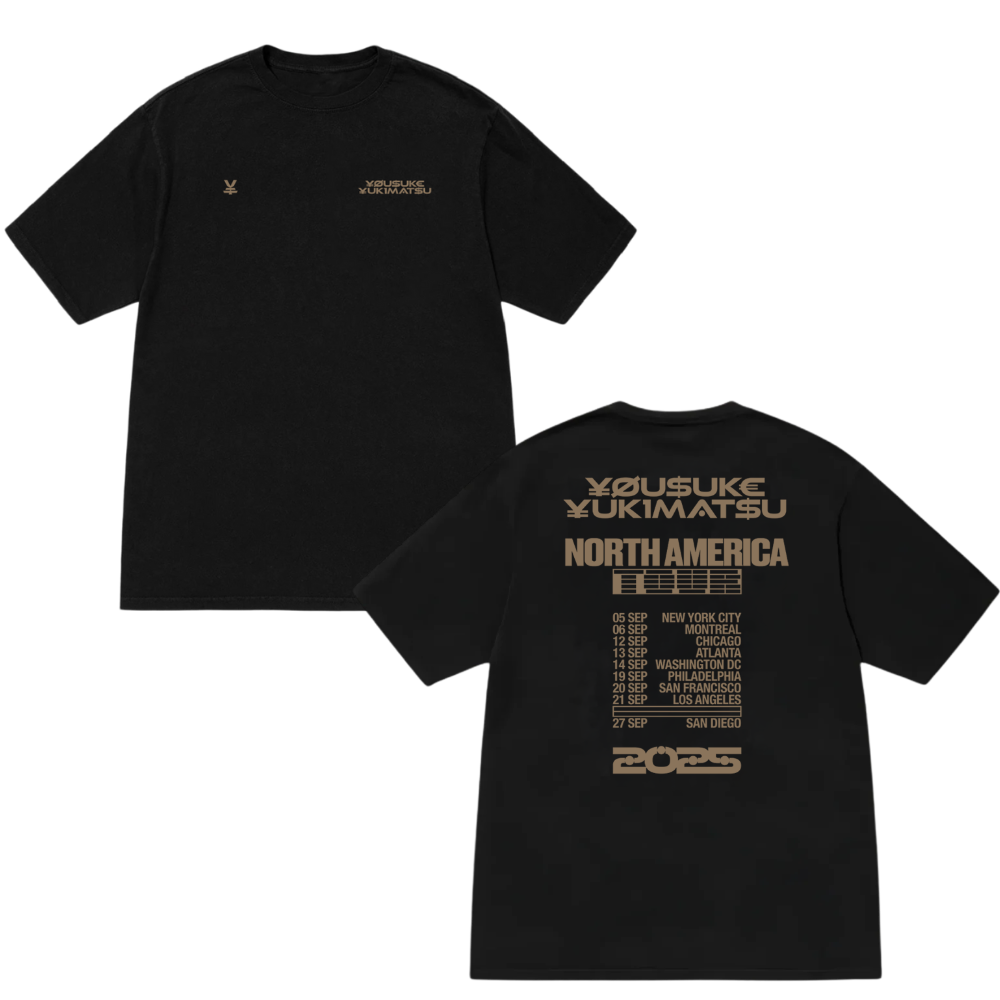 Black t-shirt with text and graphics on a white background